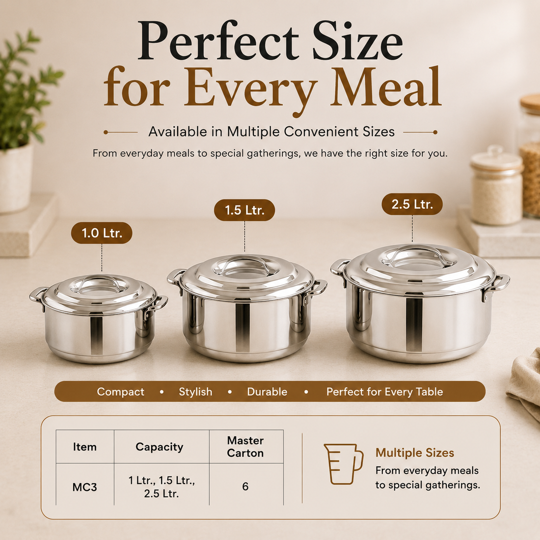 Kraft Mars Double Wall Insulated Stainless steel casseroles Set of 3 Pcs