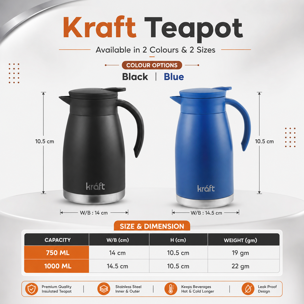 Kraft vacuum insulated flask teapot feature stainless steel