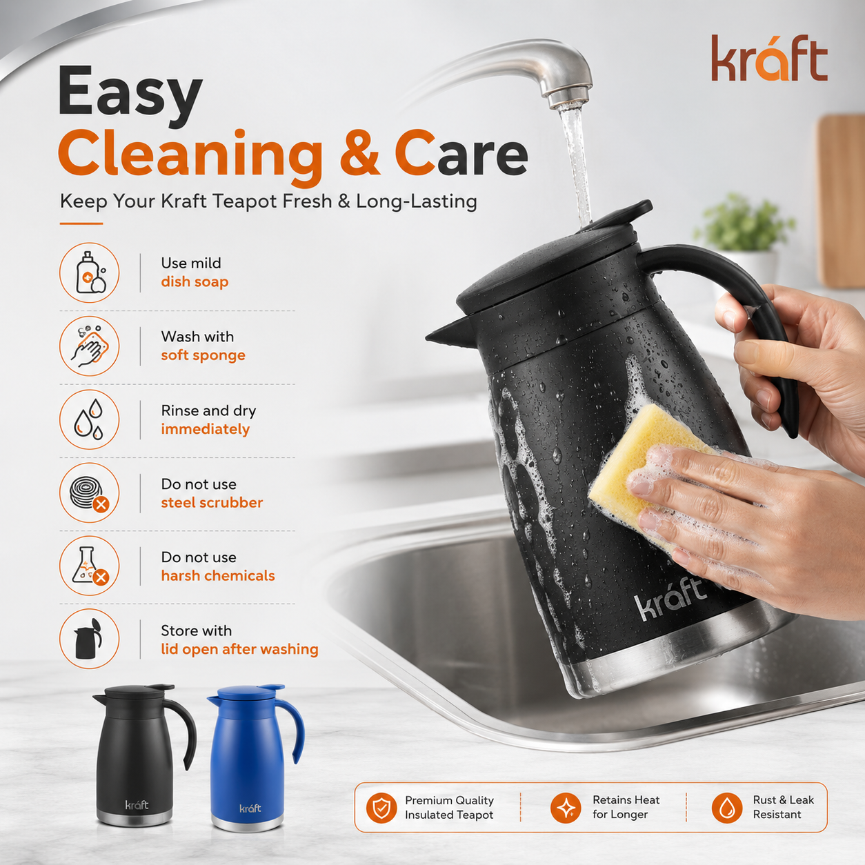 Kraft vacuum insulated stainless steel teapot detail view