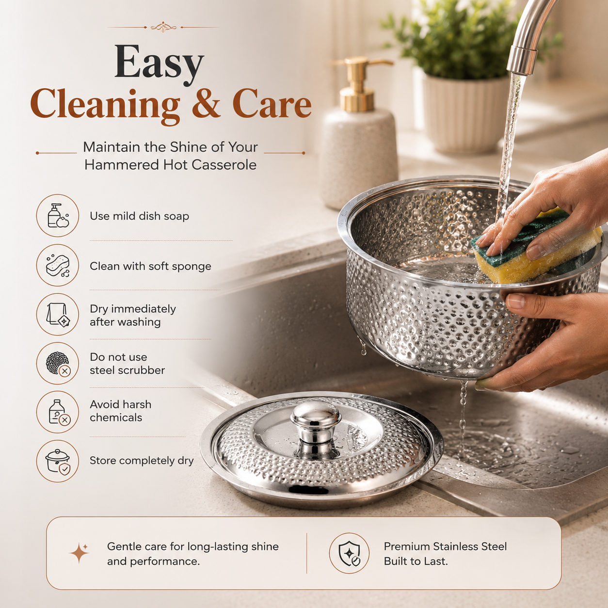 Kraft stainless steel hammered casserole with lid side view