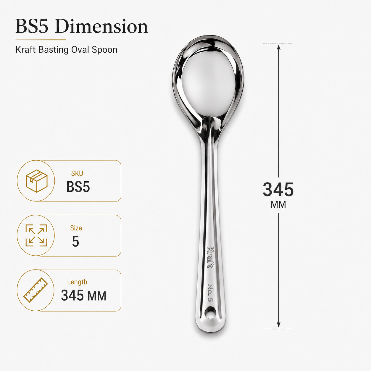 Kraft Basting Oval Spoon with dimensions on a white background