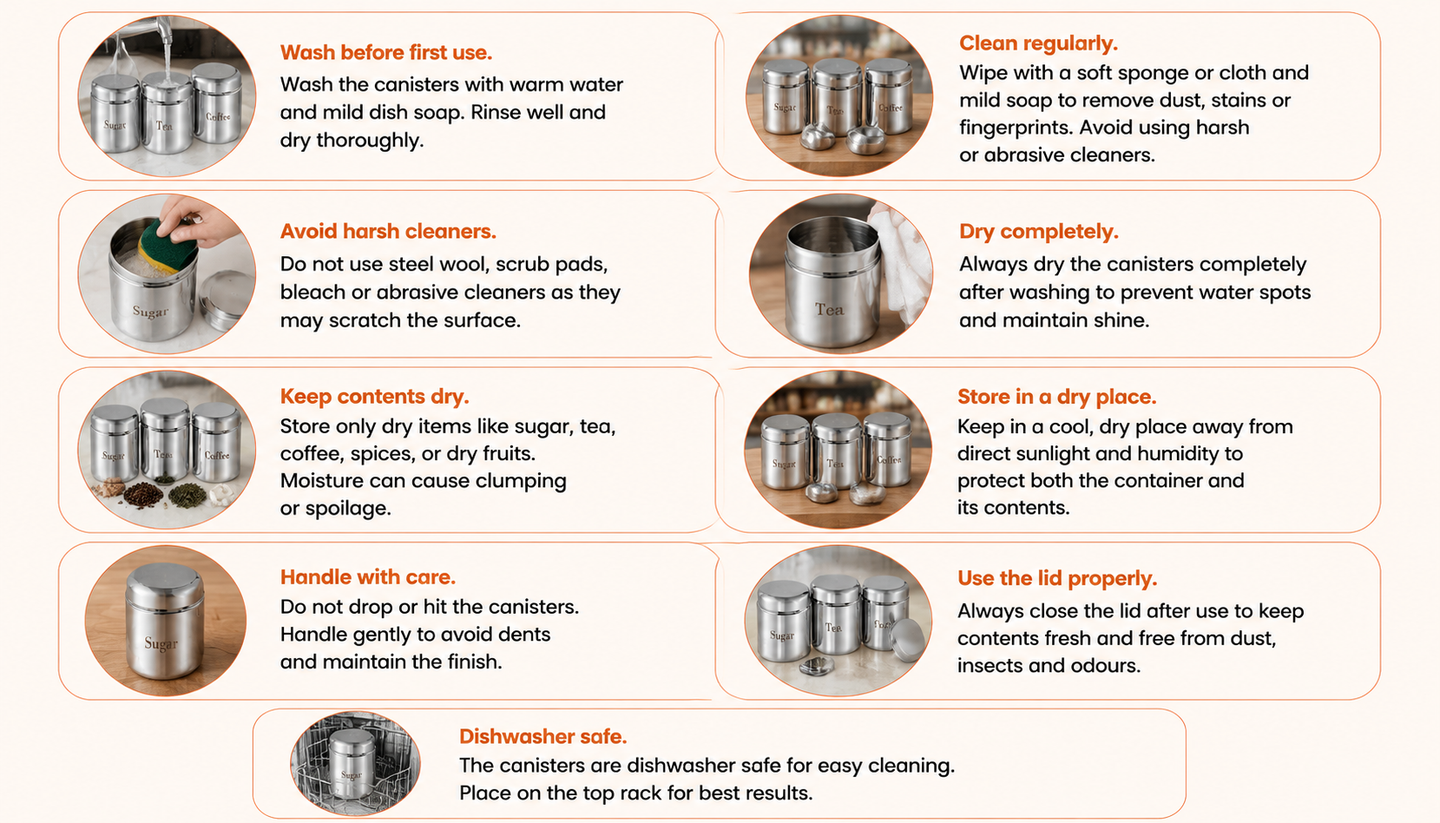 Instructions for using and storing metal canisters with images of canisters and text. - Care Guide