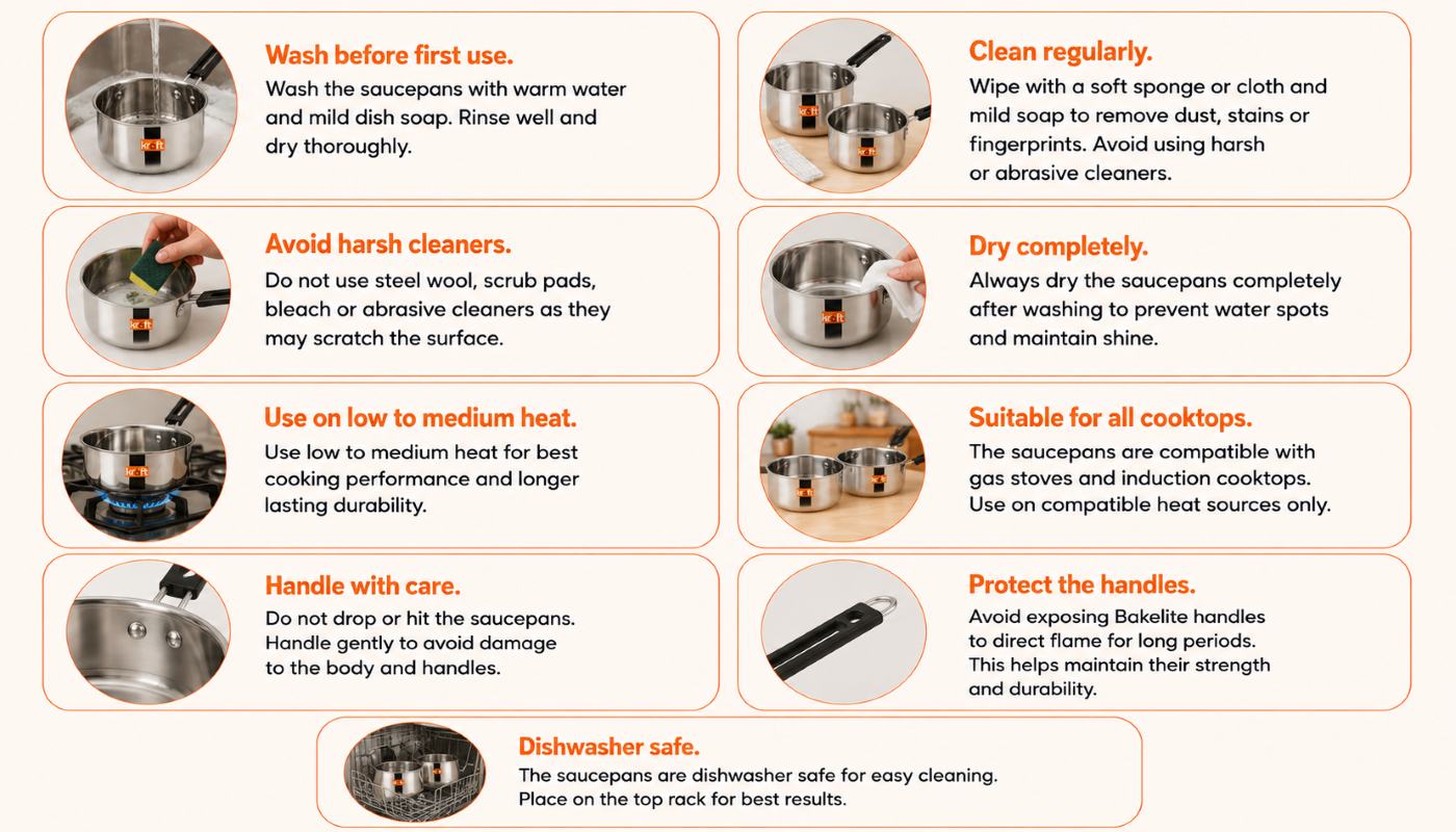 Kraft Stainless Steel Regular Saucepan Combo Set  (Induction Friendly) - Care Guide