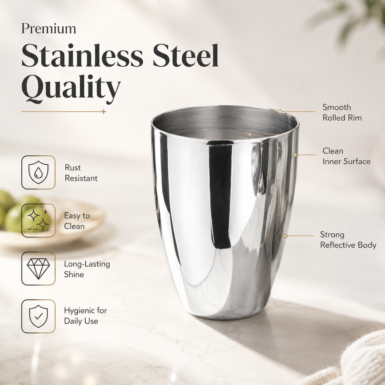 Kraft Stainless Steel Premium Glass  Mirror Finish Steel Drinking Glass for Water, Juice, Milk, Chaas & Lassi