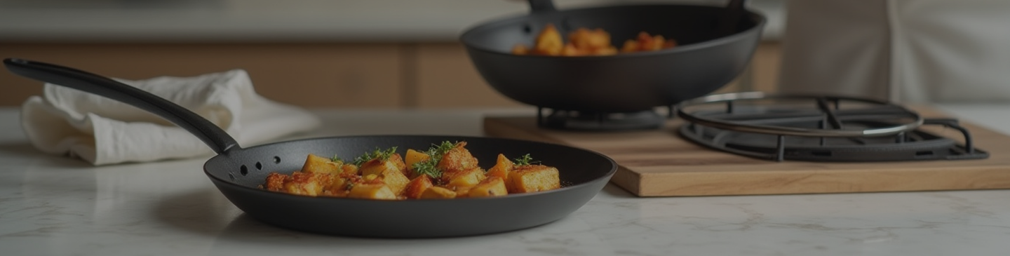 Black frying pan with cooked vegetables showcasing everyday home cooking performance