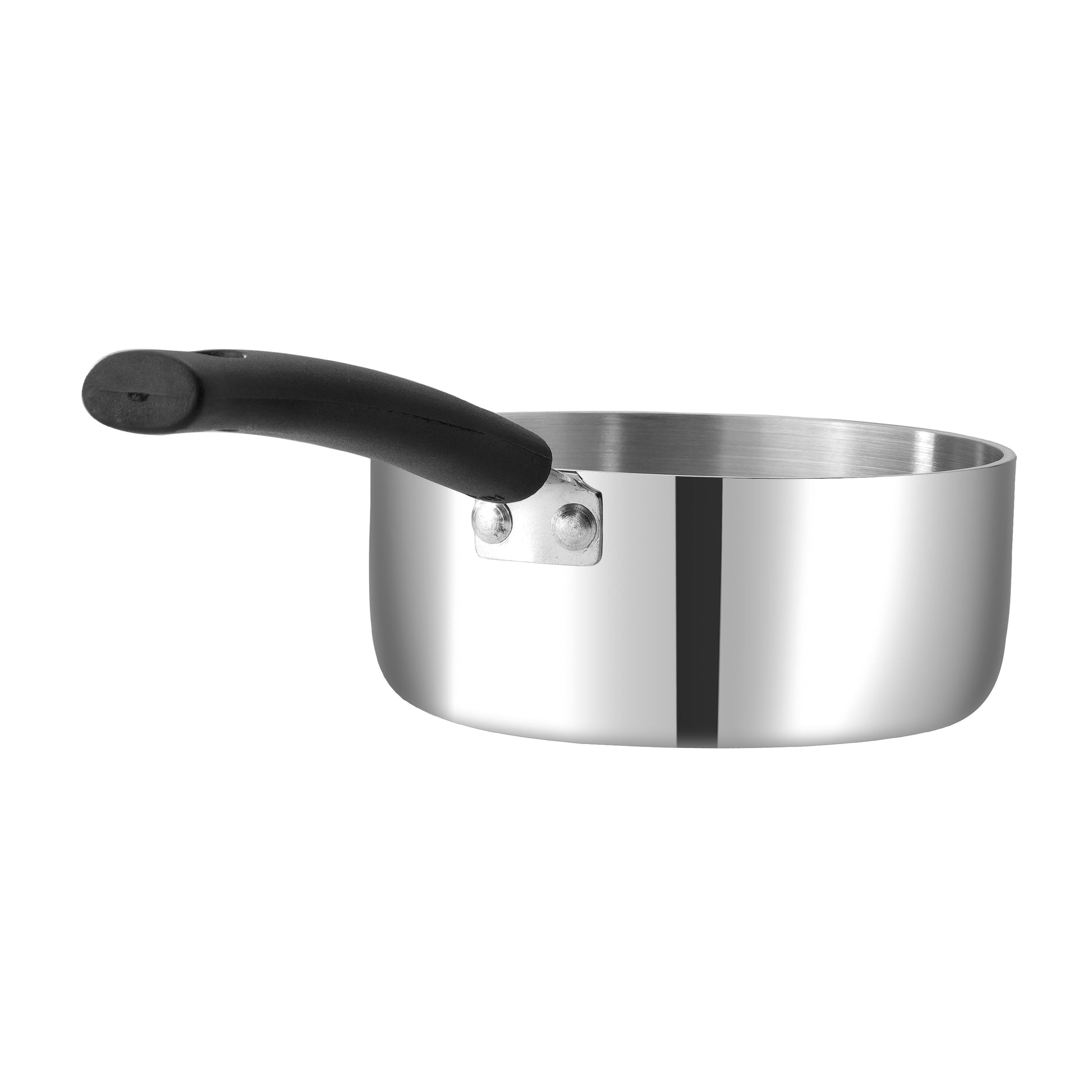 Stainless steel saucepan with black handle on a white background 