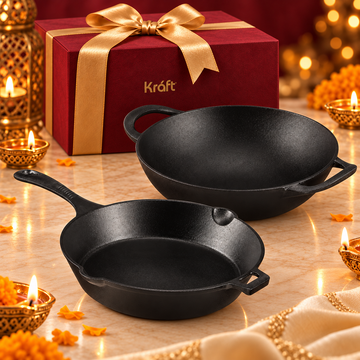 Kraft Infinity Cast Iron Combo – Pre-Seasoned Kadai 1.8 L & Frypan 16 cm