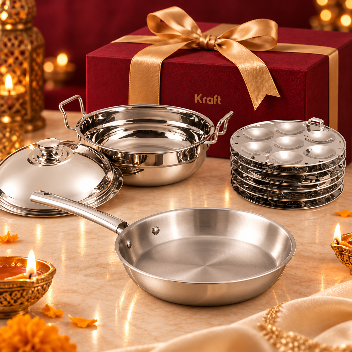 Kraft Cookware Combo – Futuretec Triply Frypan 20 cm & Multi Kadai with 6 Plates 26 cm (Induction Friendly)