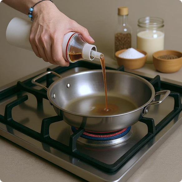 Woman pouring oil from a dispenser into a stainless steel frypan placed on a gas stove during cooking