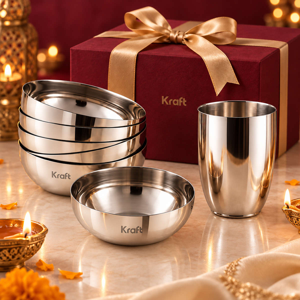 Kraft Glass & Stainless Steel Katori Combo Set of 7
