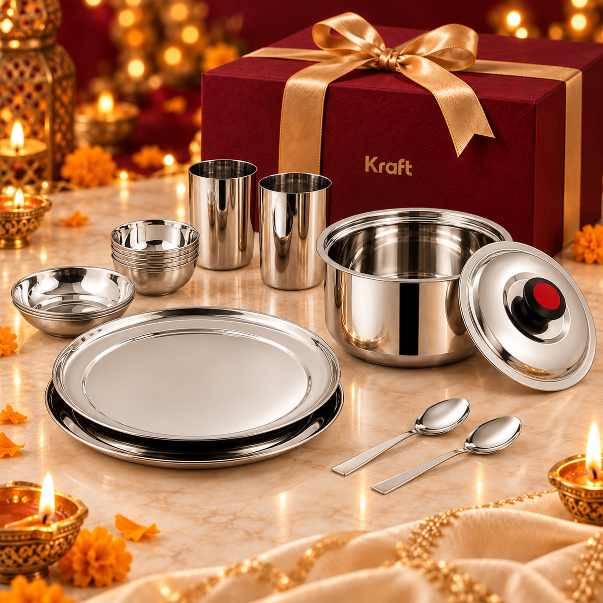 Kraft Dining Combo – Princess Stainless Steel Dinner Set 12 pc & Mercury Insulated Casserole 2 L