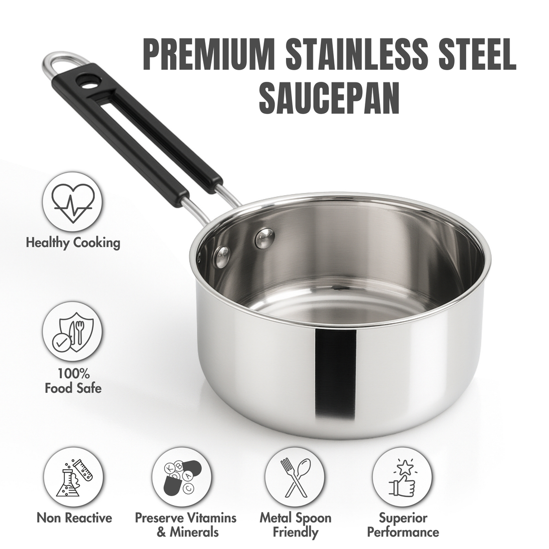Kraft Deluxe 18G Stainless Steel Saucepan  – Size 10, 11 & 12  (Induction Friendly)