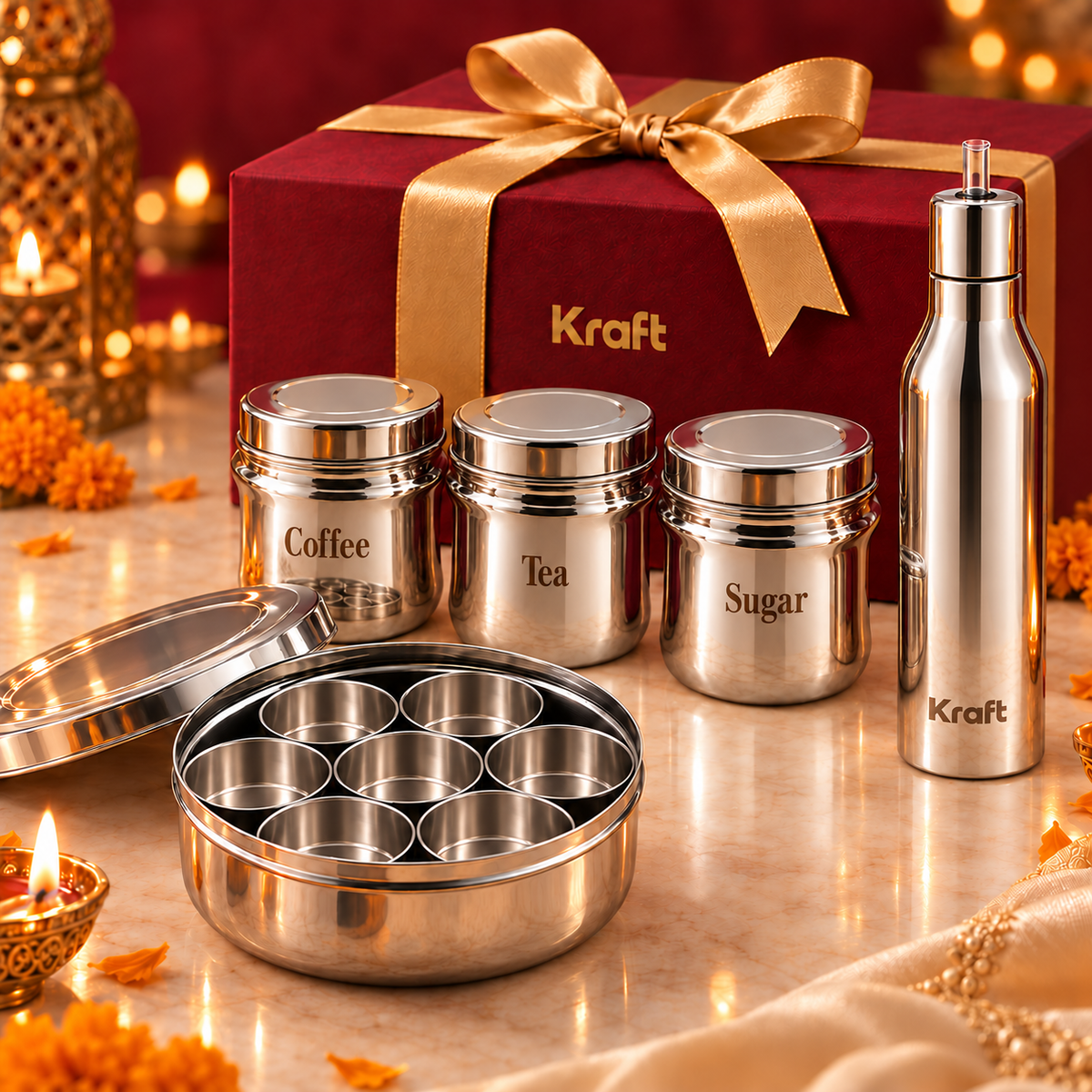 Kraft Kitchen Essentials Combo – Spice Box, Regal Canister Set & Oil Dispenser 500 ml