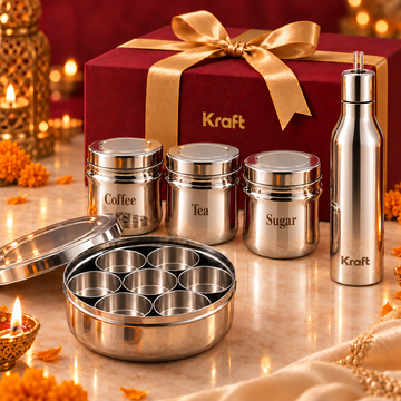 Kraft Kitchen Essentials Combo – Spice Box, Regal Canister Set & Oil Dispenser 500 ml