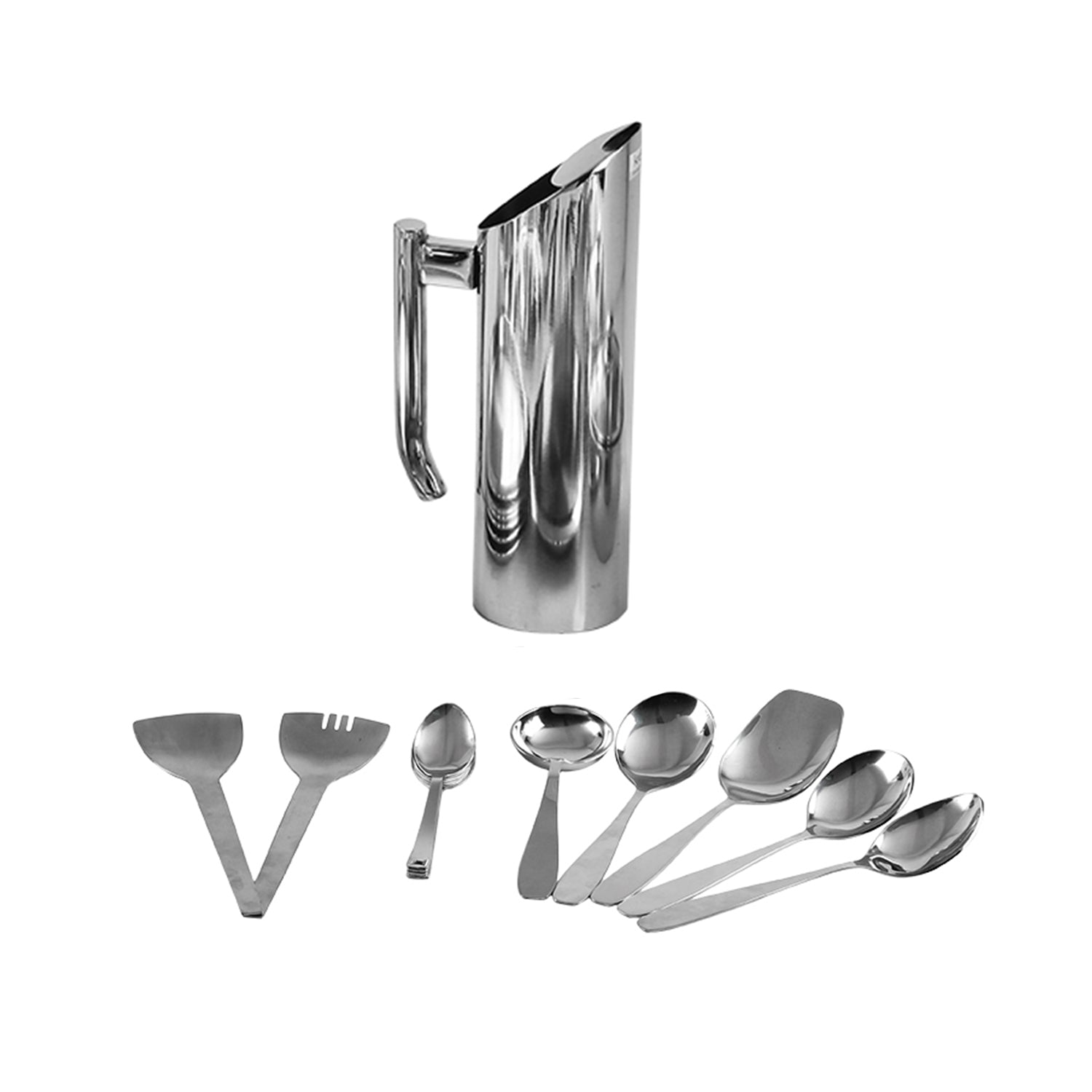 Premium Dinner Set featuring a polished stainless steel jug with handle and a variety of serving spoons and utensils neatly arranged on a clean background