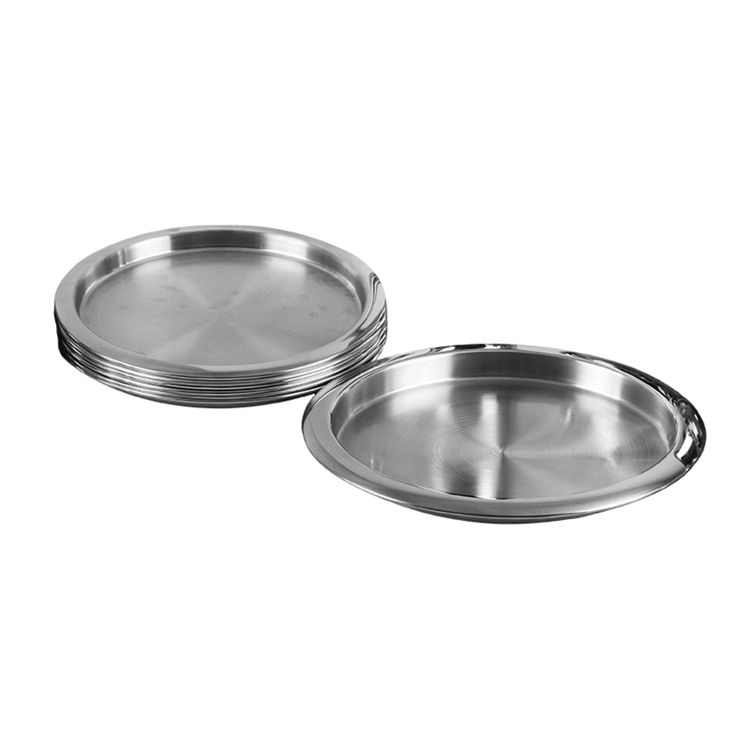 Stack of stainless steel plates with a single plate placed beside it on a white background