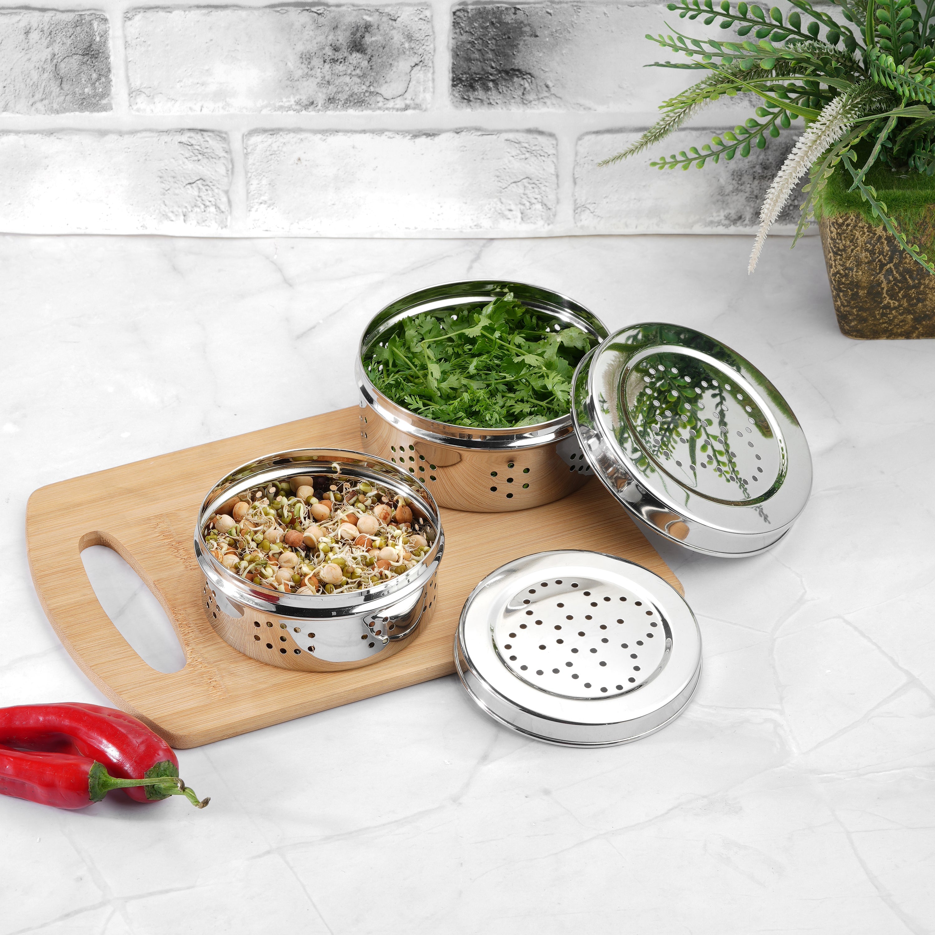Kraft stainless steel herb storage dabba set 2pc 400ml 550ml airtight