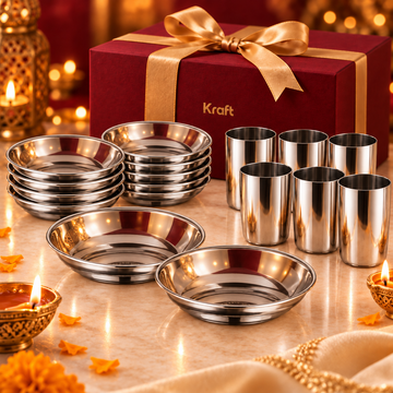 Kraft Serving Combo – Stainless Steel Dessert Plates 12 pcs & Regal Glass Set 6 pc 400 ml
