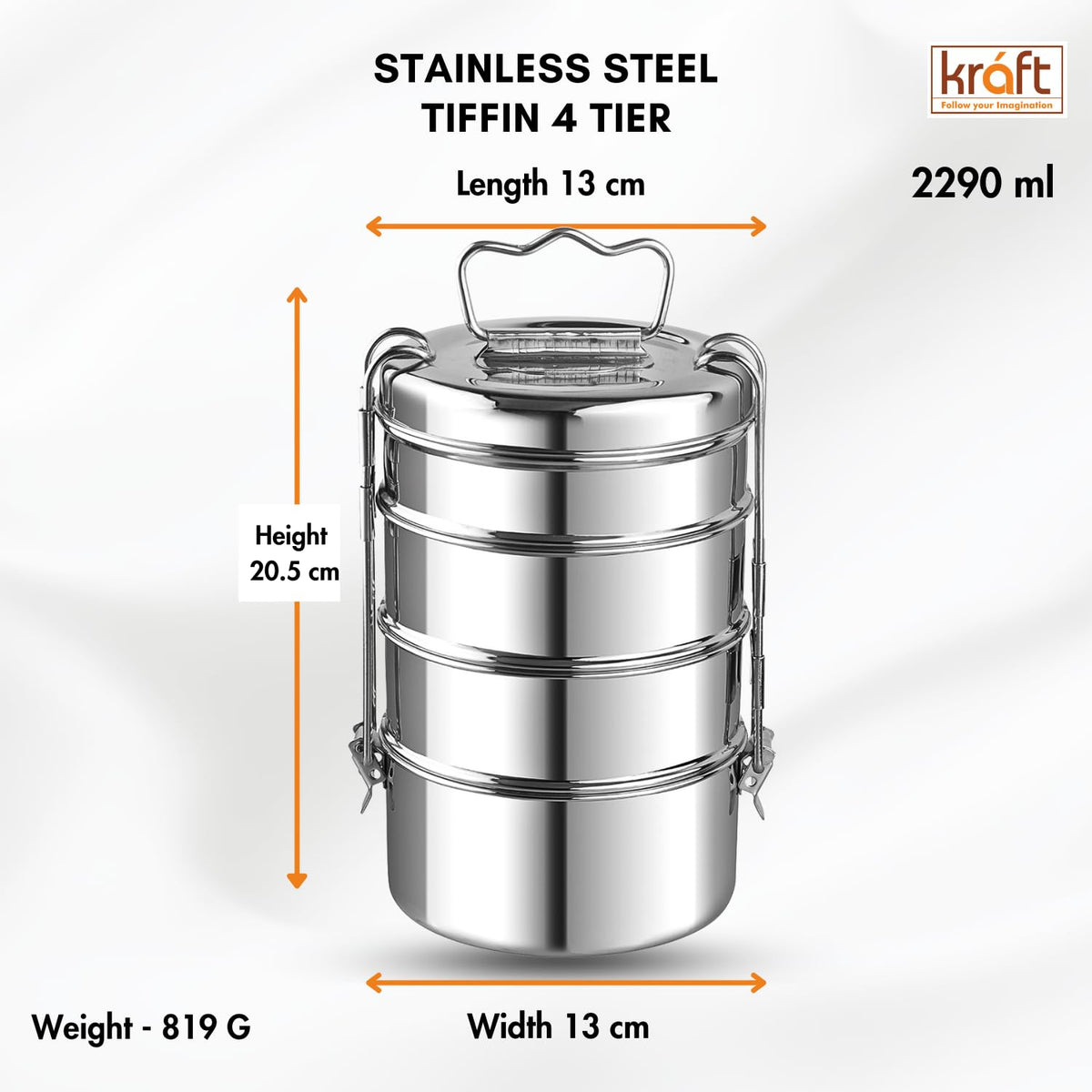 Kraft Stainless Steel Multi-Tier Lunch Box with Handle  2, 3 & 4 Tier
