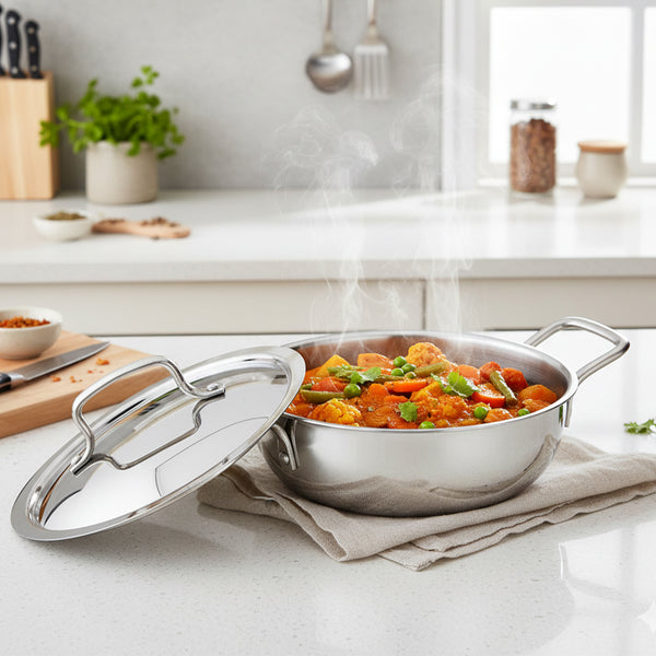 Stainless Steel Extra Deep Kadai with lid placed in a modern kitchen, with the kadai filled with mixed vegetable sabji