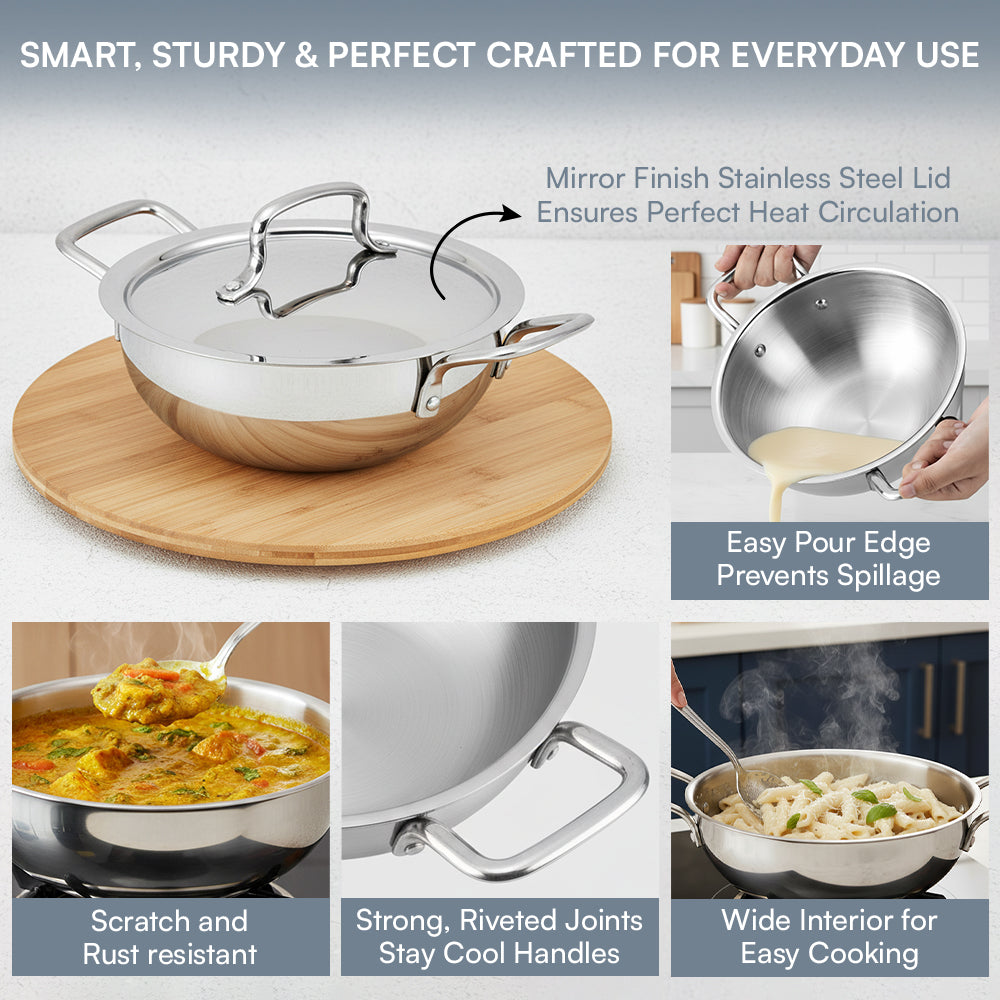 Futuretec Triply Stainless Steel Extra Deep Kadai highlighting its features such as strong riveted joint handle and scratch and rust resistance