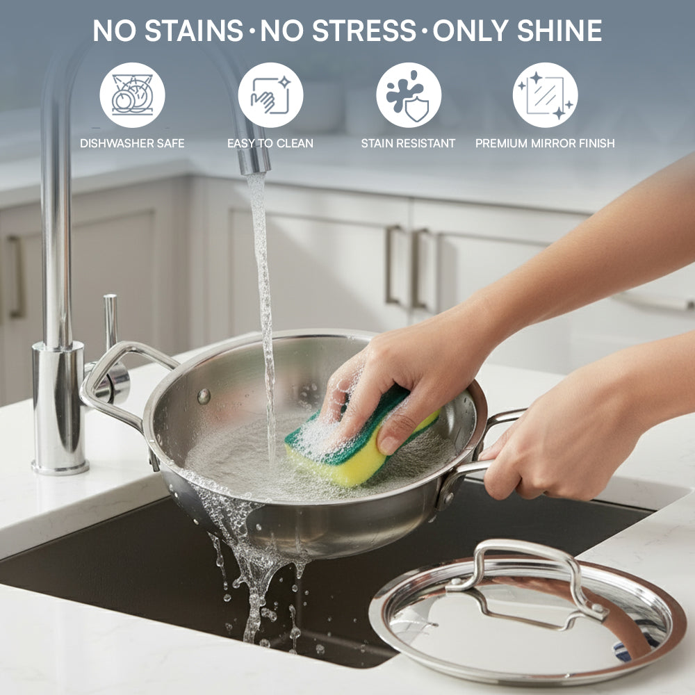 Triply Stainless Steel Extra Deep Kadai with feature icons showing dishwasher safe and easy to clean, while a woman is washing the kadai