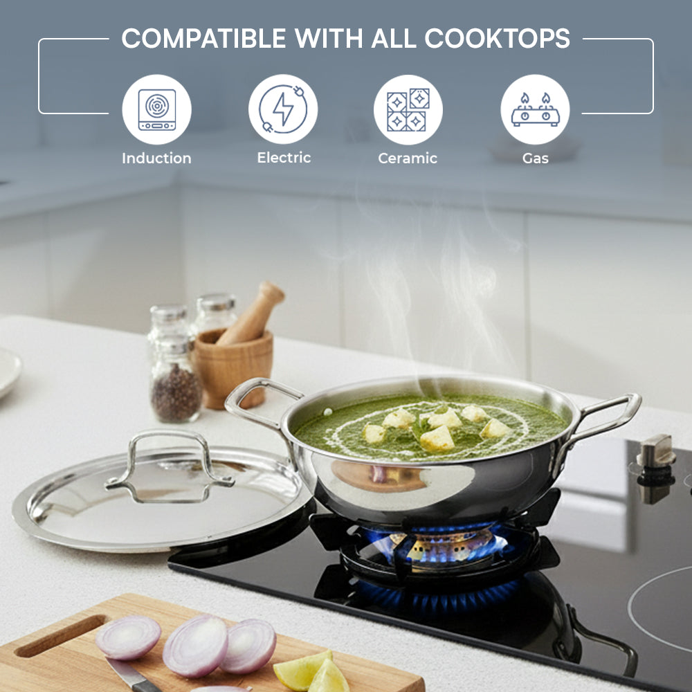 Futuretec Triply Stainless Steel Extra Deep Kadai featuring usage icons for ceramic, induction, electric, and gas cooktops
