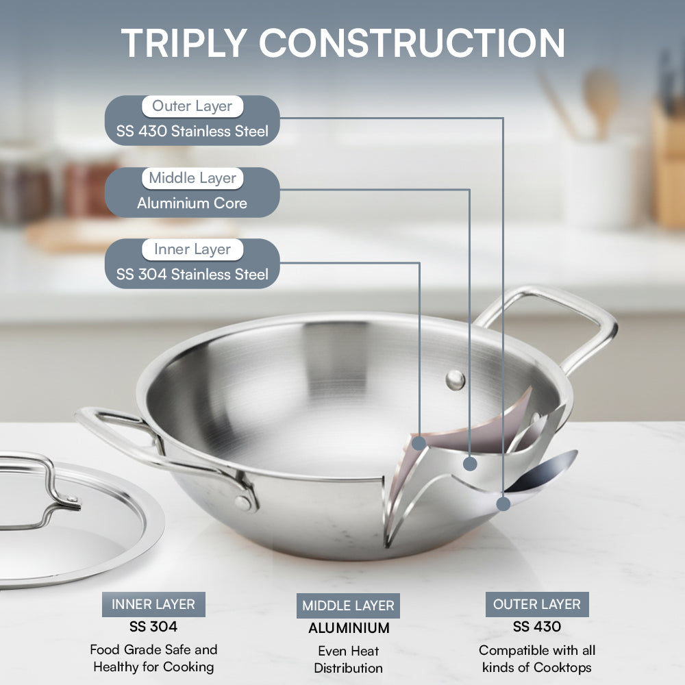 Stainless Steel Extra Deep Kadai highlighting its 3-layer construction, with an outer layer of SS 430 stainless steel, a middle aluminum core, and an inner layer of SS 304 stainless steel
