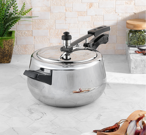 Triply inner lid pressure cooker with a shiny stainless steel body and polished finish, highlighting its durable and premium build