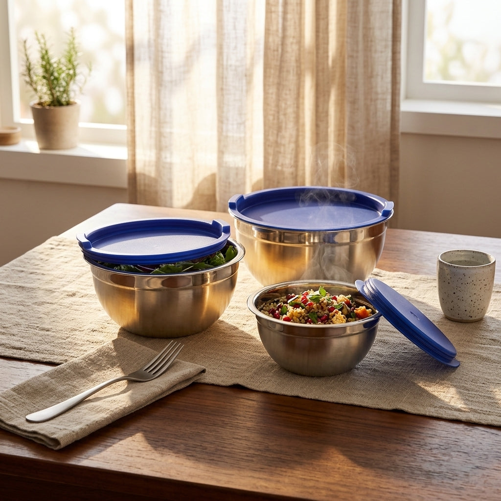 Kraft stainless steel serve storage set 3pc bowls with lids serveware
