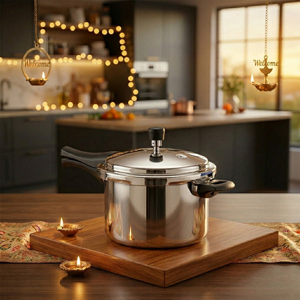 Futuretec Triply Outer Lid Pressure Cookers with decorative diya and lighting setup behind