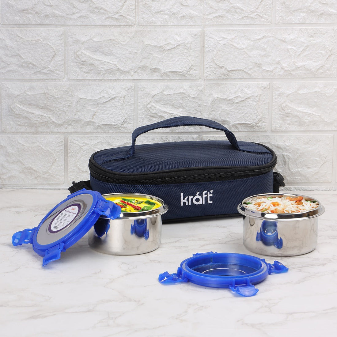 Kraft stainless steel lunch box set flat insulated bag 2 3pc tiffin