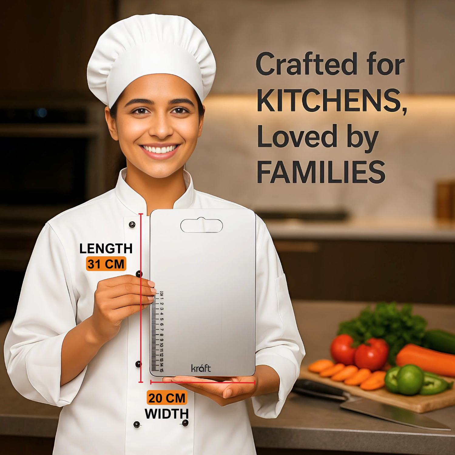 Kraft stainless steel chopping board branding kitchen