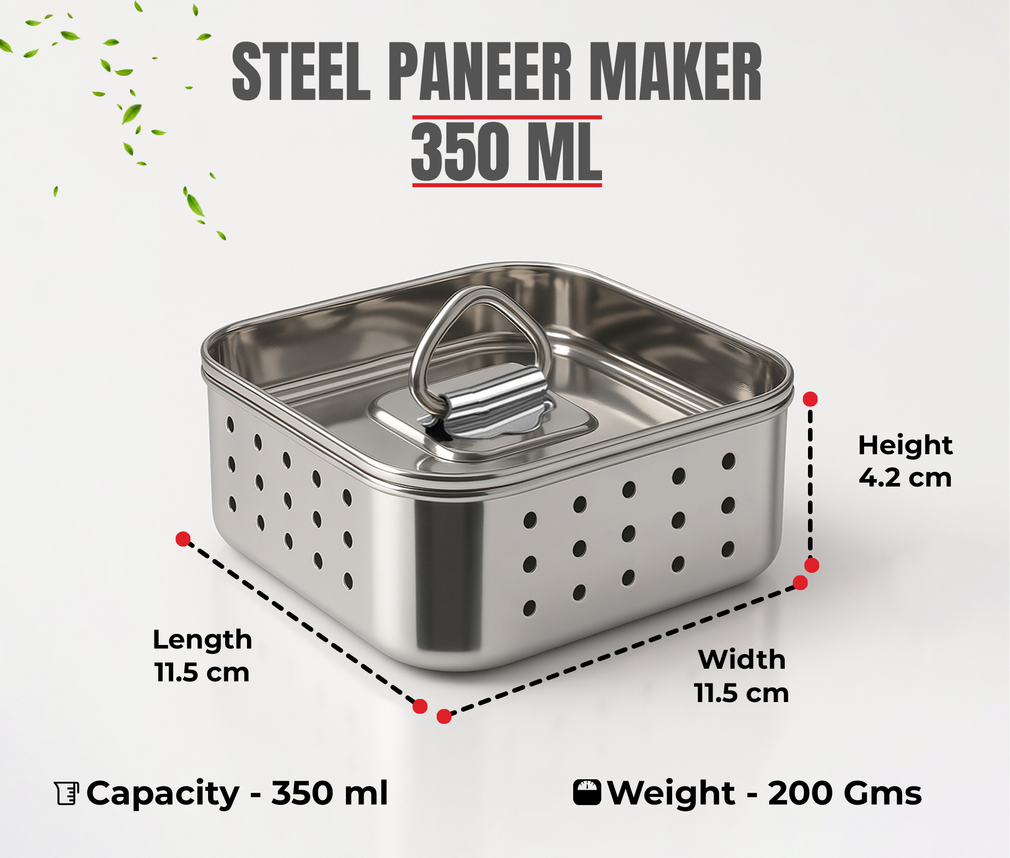 Stainless steel square paneer maker with icons showing made in India smart drainage and rust and scratch resistance