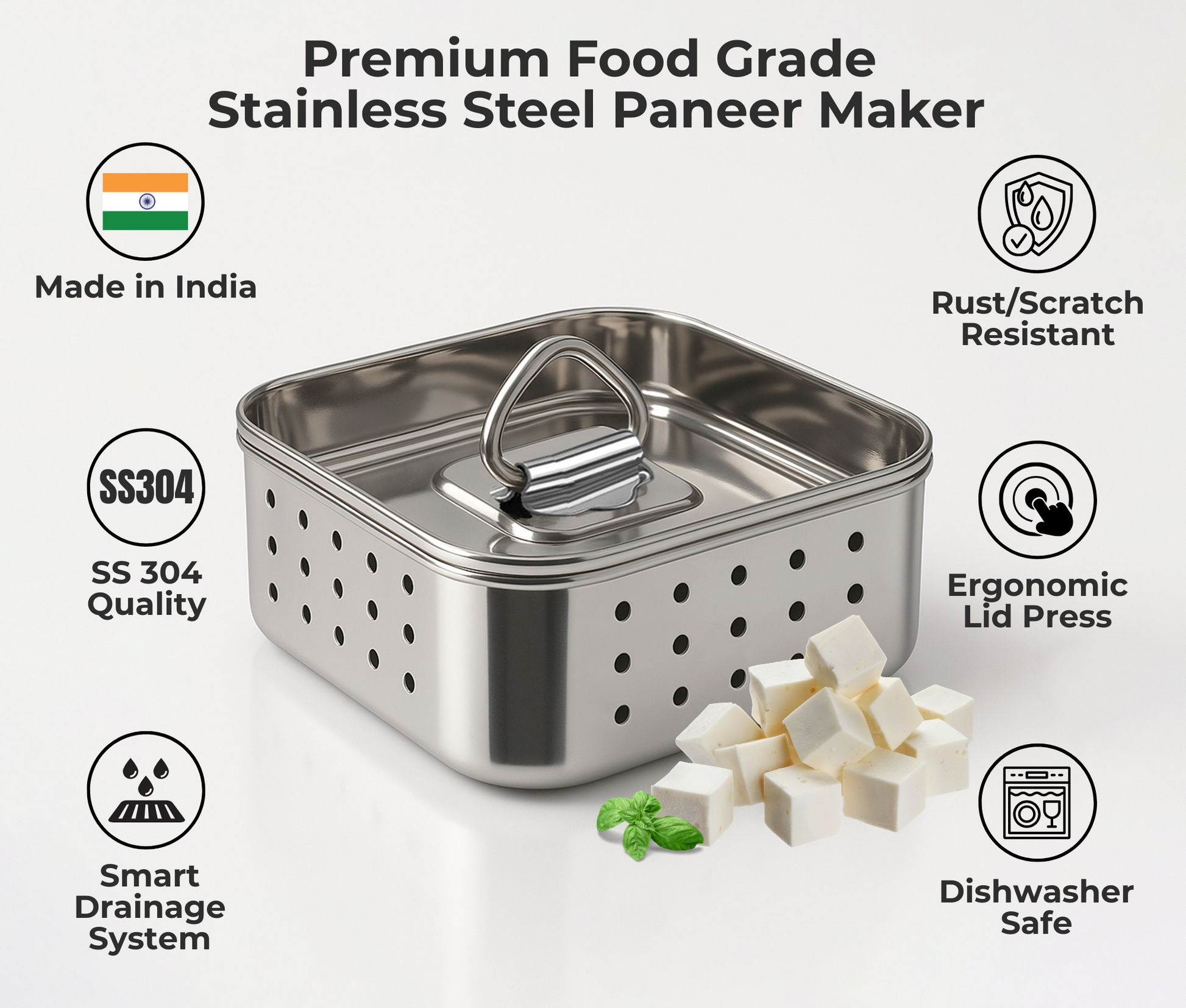 Stainless steel square paneer maker showing dimensions and 350 ml capacity with 200 gram weight