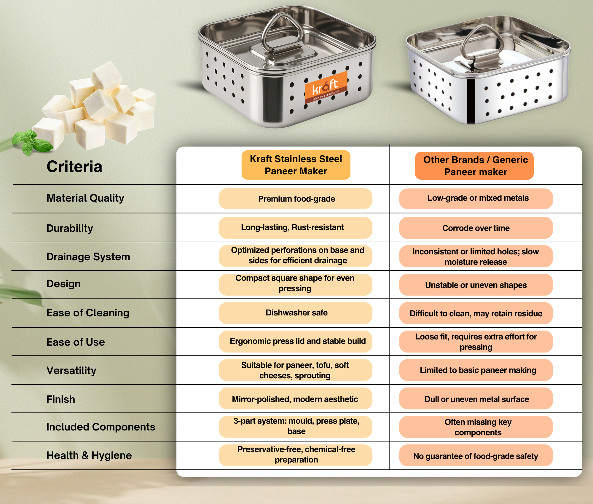 Stainless steel square paneer maker compared with another brand highlighting design and build difference