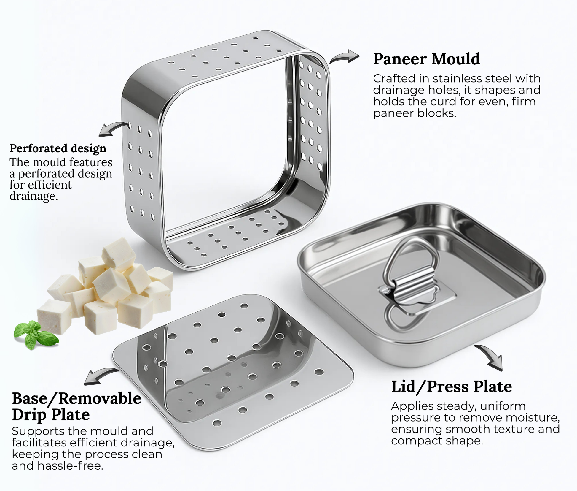 Square-shaped Kraft stainless steel paneer maker used for pressing and forming fresh paneer at home