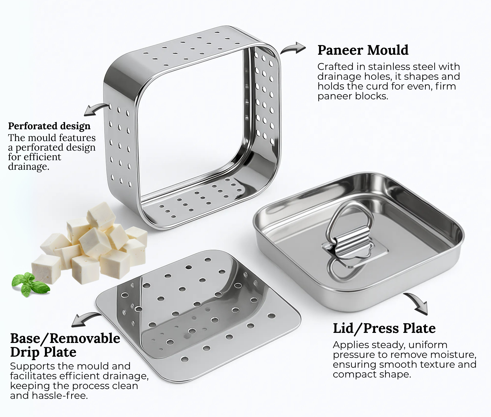 Square-shaped Kraft stainless steel paneer maker used for pressing and forming fresh paneer at home