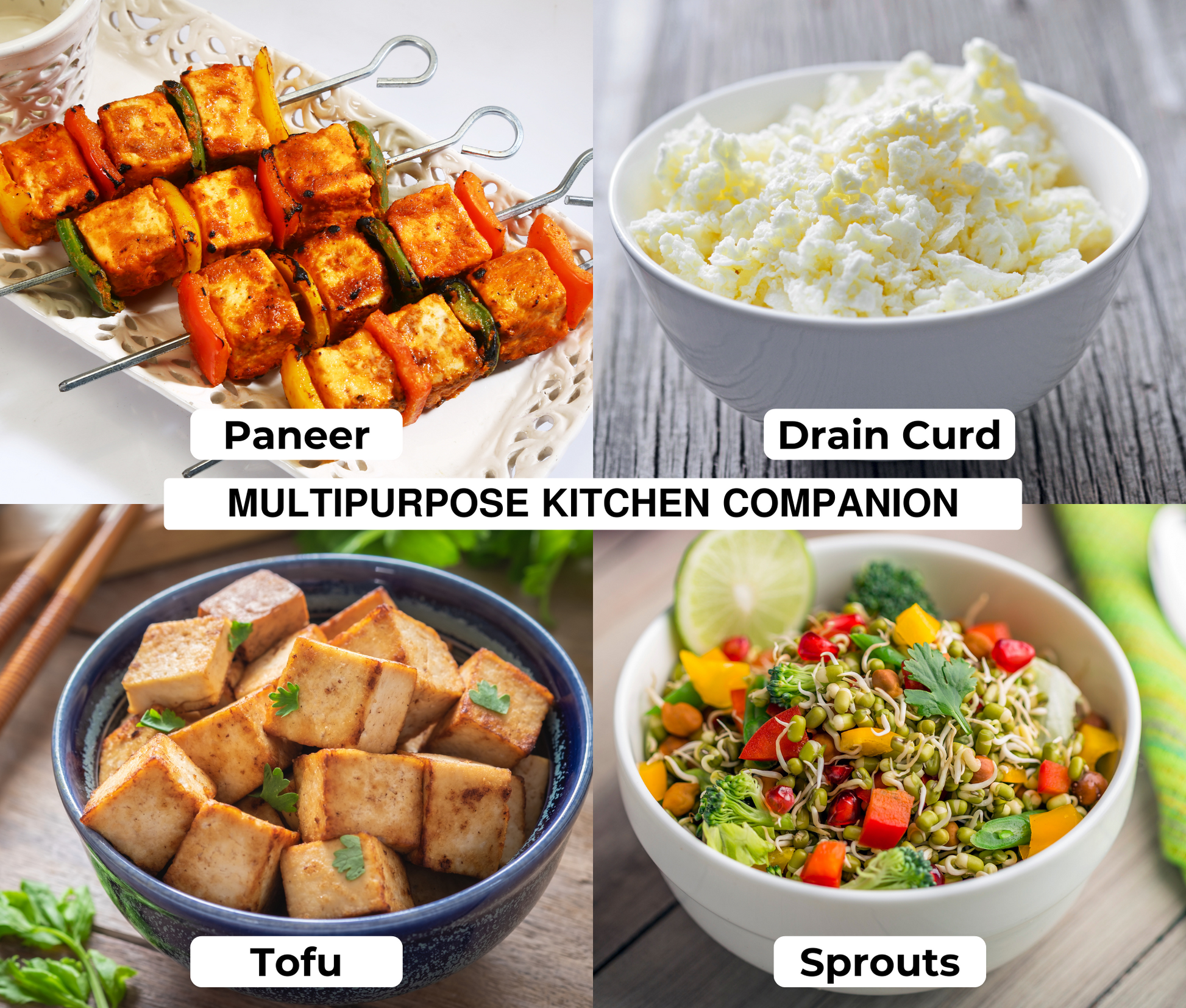 Multipurpose kitchen companion showing tofu paneer sprouts and curd draining use