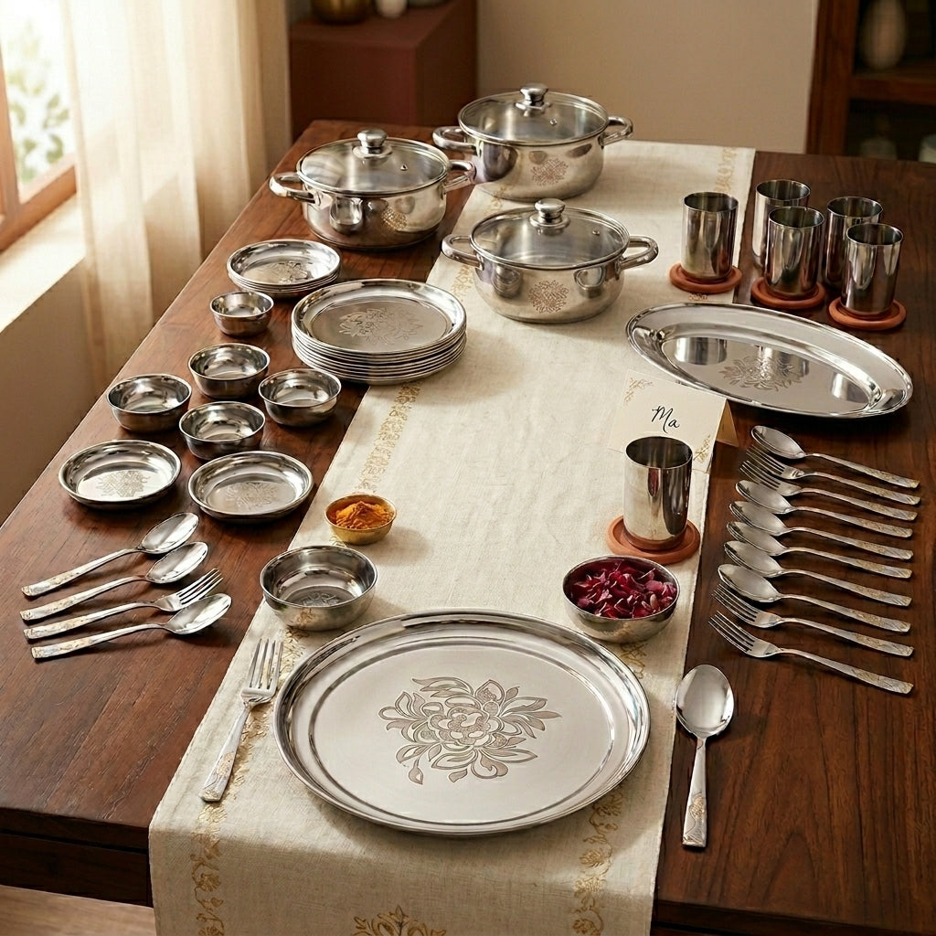 Kraft Daffodil stainless steel dinner set 61pc plates bowls glasses