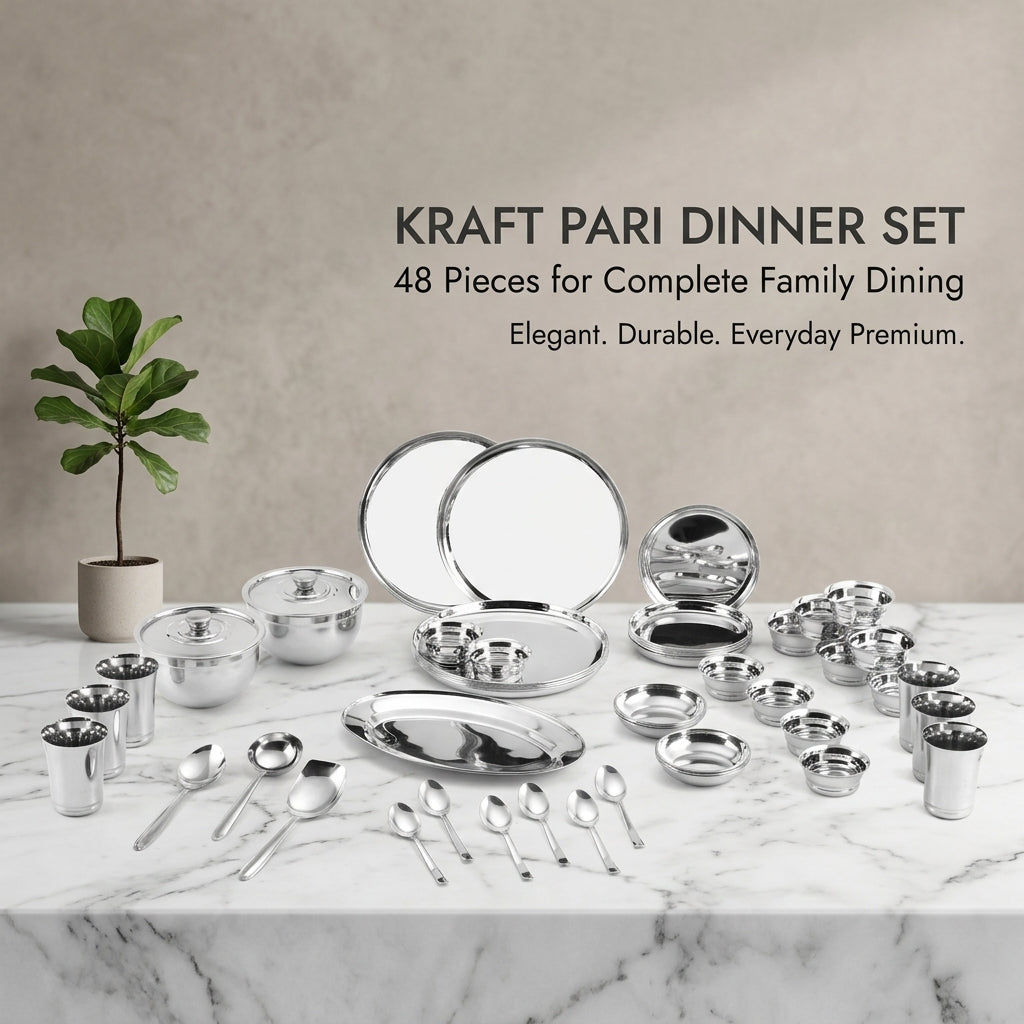 Kraft stainless steel Pari dinner set 48pc plates bowls glasses spoons