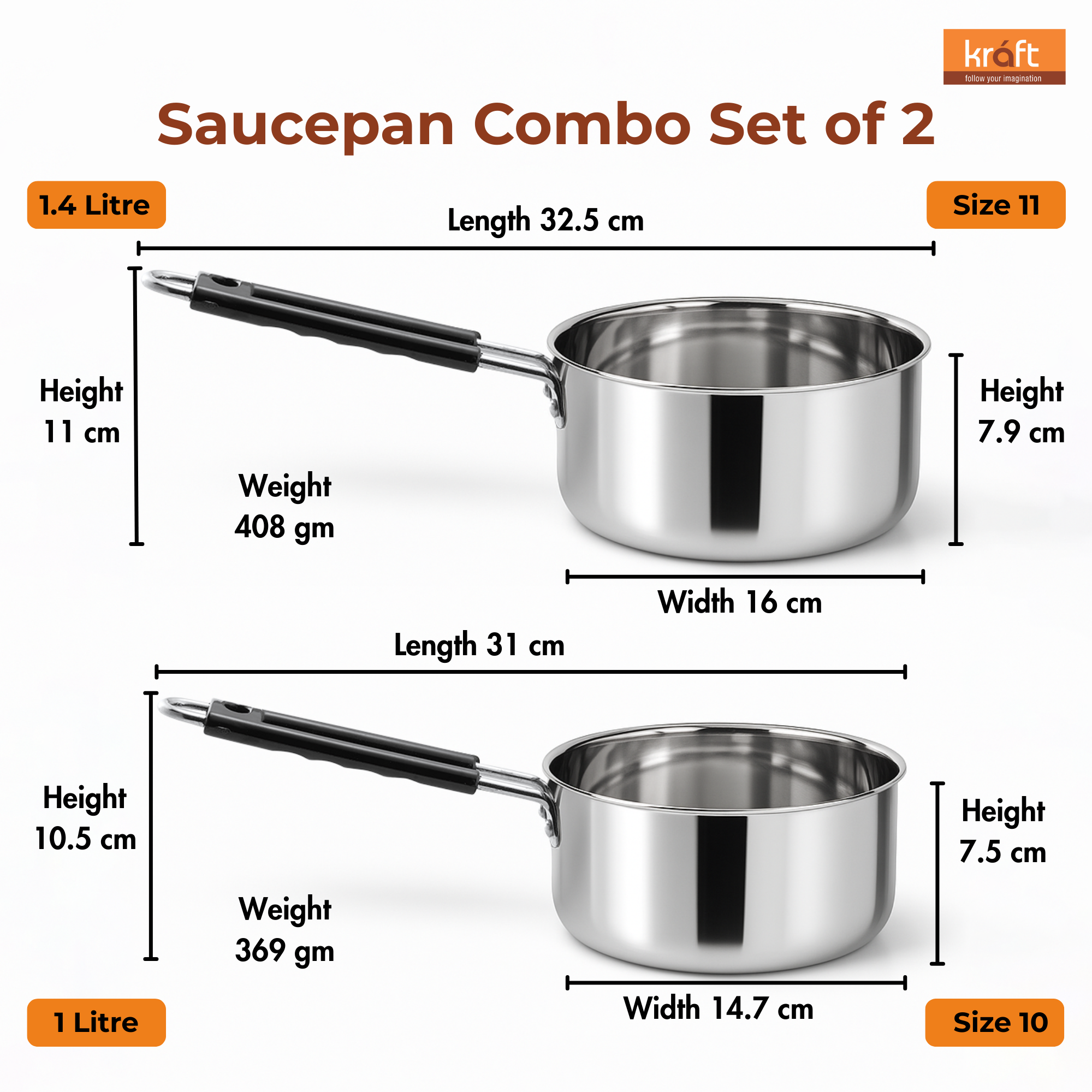 Kraft Deluxe 18G Stainless Steel Saucepan  – Size 10, 11 & 12  (Induction Friendly)